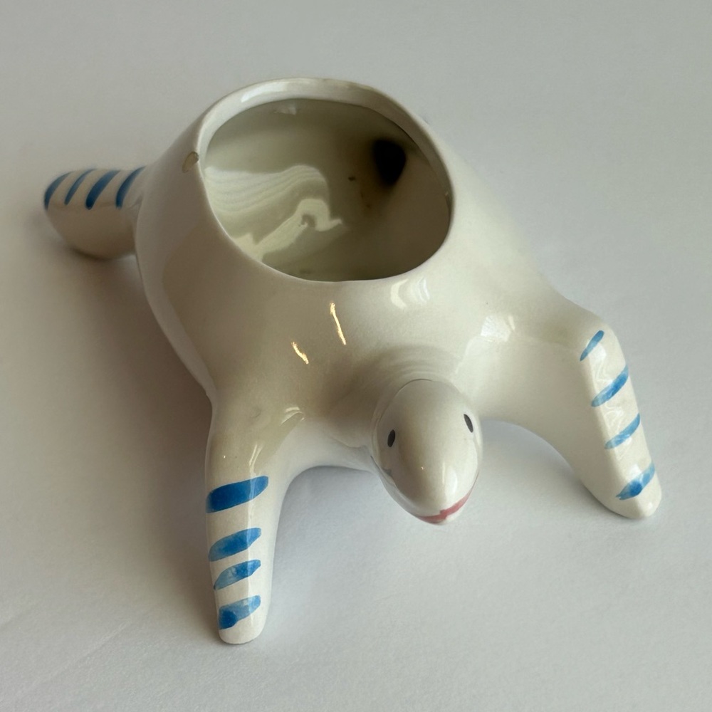 Vintage White and Blue Turtle Planter; Made in Portugal